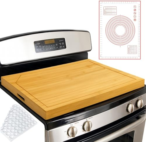 KATKLIU Tabla de Cortar Grande de Bambú 75×55 cm con Asas – Cubierta de Encimera Reversible para Cocina de Gas o Inducción, Protector de Superficie Fácil de Limpiar