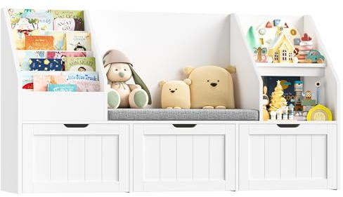 FOREHILL Kinderregal mit Sitzbank Kinderzimmer Möbel mit 3 Aufbewahrungsboxen für Spielzeug Bücherregal für Kinder mit 4 Ebenen, Regal für Kinderzimmer Leseecke 140x80x39,5 cm Weiß