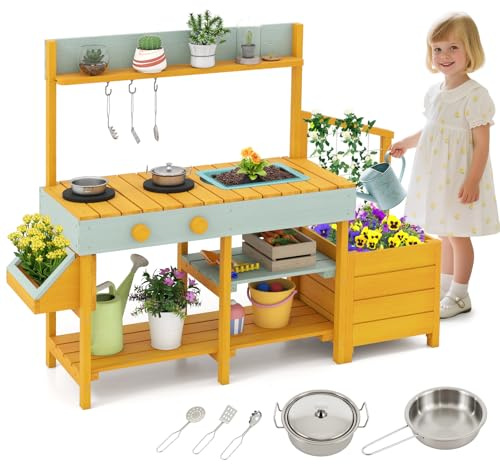GYMAX Kids Mud Kitchen, Children Potting Bench Table with Removable Sink, Planter Boxes, Stoves, Trellis & Cooking Accessories, Outdoor Fir Wood Toy Kitchen for 3 Years Old+ (Yellow + Light Green) | with Removable Sink, Planter Boxes, Stoves, Trellis & Cooking Accessories, Outdoor Fir Wood Toy Kitchen for 3 Years Old+