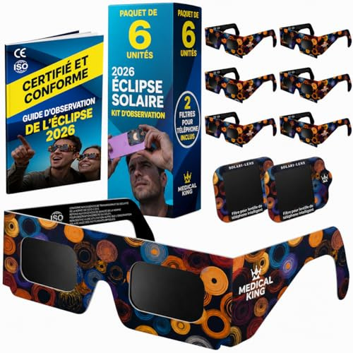 Medical king Gafas Eclipse Solar Homologadas ISO 12312-2 - Viene Con 2 Lentes Fotográficos Para Smartphone Aprobados según la norma ISO, con certificación CE: Gafas para ver eclipses solar 2026