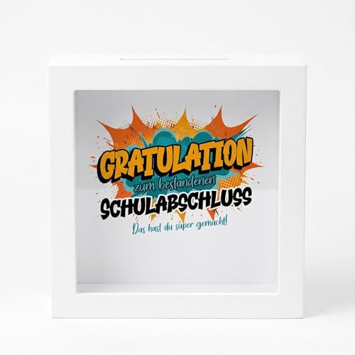 Herz & Heim® Geldgeschenk Spardose für Abitur, Schulabschluss, Bachelor, Master, Führerschein & Prüfung – Bilderrahmen Geschenkbox für Geld und Gutscheine (Schulabschluss)