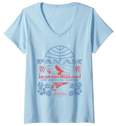 Women's Pan Am Clipper Hawaii to California Vintage Travel Ad V-Neck T-Shirt
