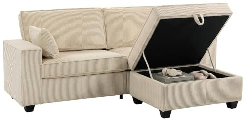 HOMCOM Canapé 3 Places avec Pouf de Rangement, Canapé d'angle 216 cm Beige | Velours Côtelé, Assise Large, Accoudoirs Larges, 2 Coussins, Coussins à Ressorts, Poches Latérales, Salon, Chambre