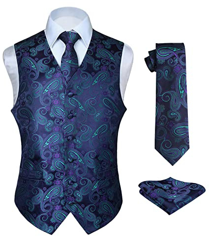 HISDERN Klassisk, blommig, paisleymönstrad jacquard-väst och slips för män, kostymväst med slip och fyrkantig ficka, XXL