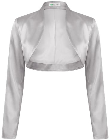 Bolerose Satin Bolero Jacke Damen Langarm Stehkragen, Silber, XL