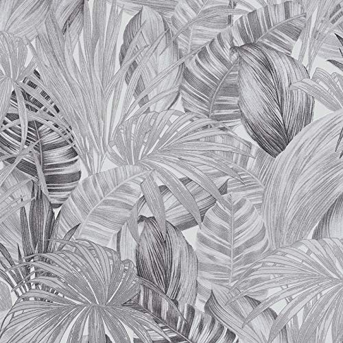 Papier peint feuille de palmier | Papier peint gris chambre, salle de bain & salon 36820-3 | Papier peint jungle intissé vinyle contemporain