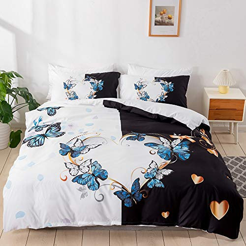 Damier Schmetterling Bettwäsche 220×240cm Schwarz Weiß Blau 3D Bettwäsche Schmetterling Muster Bettbezug Schlafkomfort Microfaser Bettbezug Set 3-teilig - 220 × 240 + 2 × 80 × 80 cm