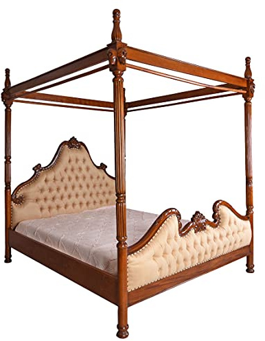 Canopy Letto a baldacchino in mogano con teschio, letto matrimoniale, 4 pali 180 x 200 cm, mar225 Palazzo, esclusivo in legno massello di mogano, sculture barocche maestose per camera da letto