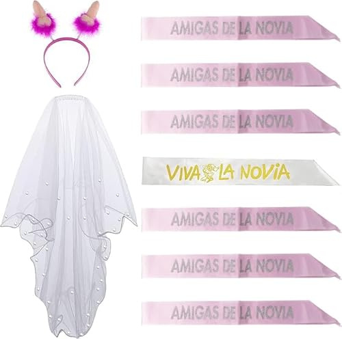 Bandas Despedida Soltera, Bandas de Satén para Novia y Sus Amigas, Velo Blanco de Novia con Peine, Diadema de Broma, Accesorios de Tema Bride para Fiestas y Disfraces (Rosa y Blanco)