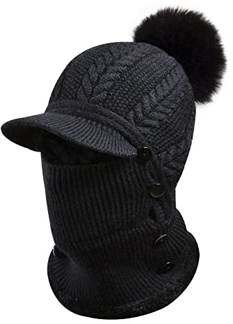 Heveer Warme Strickmütze Damen Flexible Wintermütze mit Halswärmer Krempe Verstellbare Gesichtsmaske Weichem Gefüttert für Outdoor Schwarz