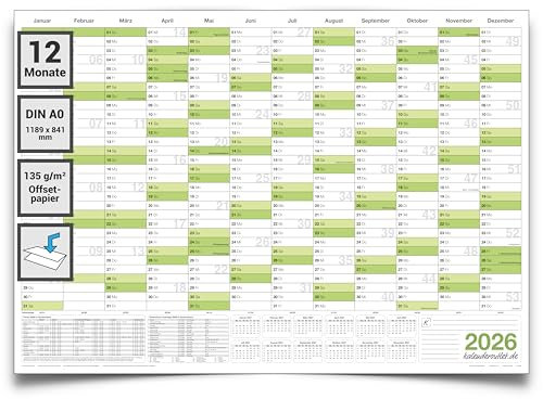 XXL Jahresplaner 2026 gefaltet – Wandkalender DIN A0 (118,8 x 84 cm) mit Feiertagen & Schulferien – großer Kalender für Büro & Zuhause – stabile Qualität auf 135g Papier – von Kalenderoutlet