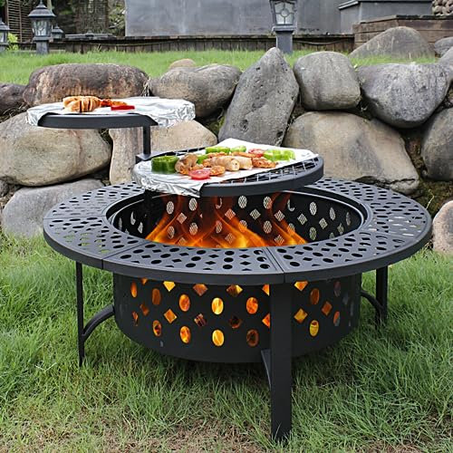 OutVue Braciere da 91 cm con 2 griglie, braciere a legna per esterni con coperchio, attizzatoio e copertura rotonda impermeabile, barbecue e braciere all'aperto e tavolo rotondo in metallo 3 in 1 per