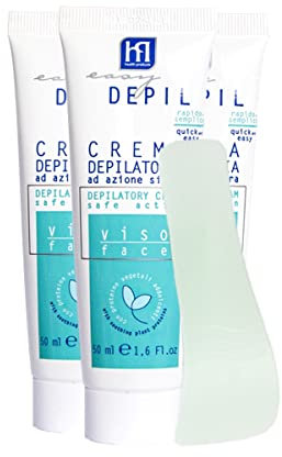 Easy Depil KIT 3 PEZZI CREMA DEPILATORIA VISO (Baffetti, Peli Guance, Mento, Sopracciglia) da 50 ml. Rapida e facile da usare, efficace, sicura. Con Proteine Vegetali Addolcenti. Profumo gradevole.