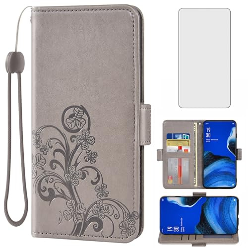 Asuwish Compatible with OPPO Reno 2Z Wallet Case and Tempered Glass Screen Protector Flip Purse Accessories Wrist Strap Credit Card Holder Stand Cell Phone Cover for Reno2Z 2 Z Z2 Women Men Grey
