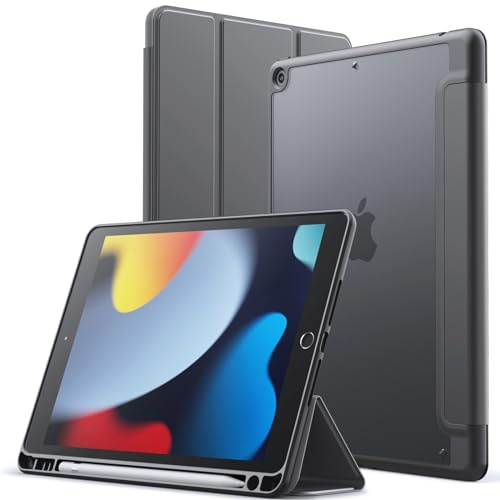 JETech Matt Hülle für iPad 9/8/7 (10,2 Zoll, Modell 2021/2020/2019, 9./8./7. Generation) mit Stifthalter, Mattierte Durchscheinende Rückseite Schlank Ständer Tablet Schutzhülle (Space Grau)