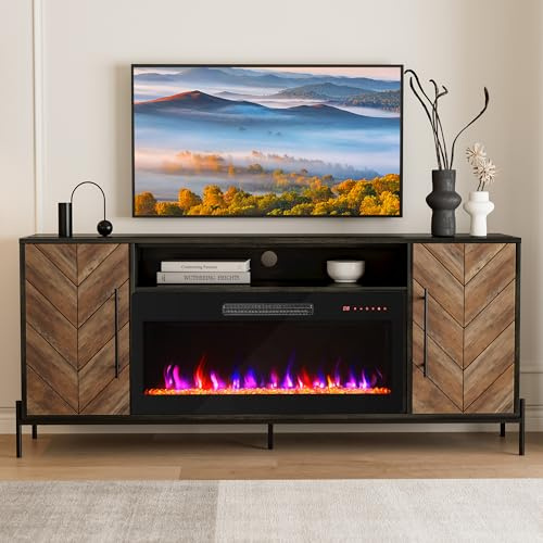 BELLEZE 68 TV Stand with 36 Electric Fireplace Heater, Entertainment Center with Storage Cabinet, Console Table for TVs up to 75 for Living Room, Bedroom - Harper (Black Ebony)