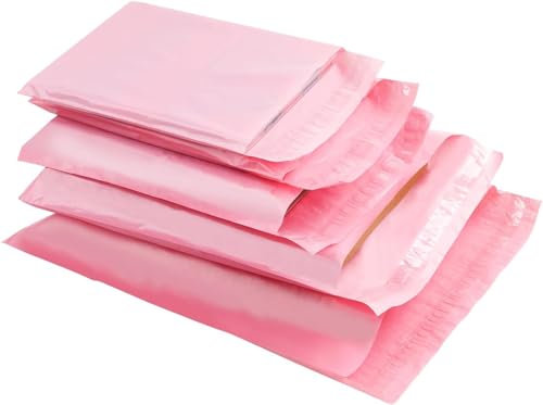 DERAYEE 50pc Rosa Poly Versandtaschen,Versandbeutel Plastik selbstklebend,Pakettaschen Kunststoffbeutel Versandtüten mit 5 Gemischt Größe für die Verpackung,Kleidung,Bücher
