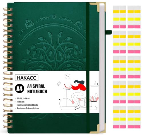 HAKACC Notizbuch A4 Liniert, 150 Blatt/300 Seiten Spirale Notizblock im edlen Lederimitat Hardcover-Einband mit 80 g/m² Nachhaltiges Papier für Frauen Männer Arbeit Büro Schule 21 x 29.7 cm Dunkelgrün