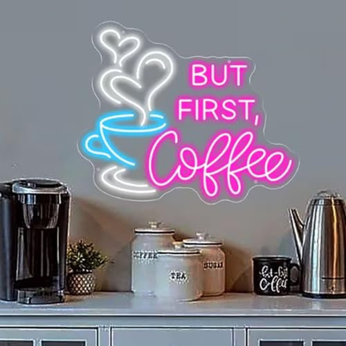 But First Coffee - Insegna al neon grande, 5V USB, acrilico, interruttore dimmerabile, catena, 35,6 x 28,7 cm
