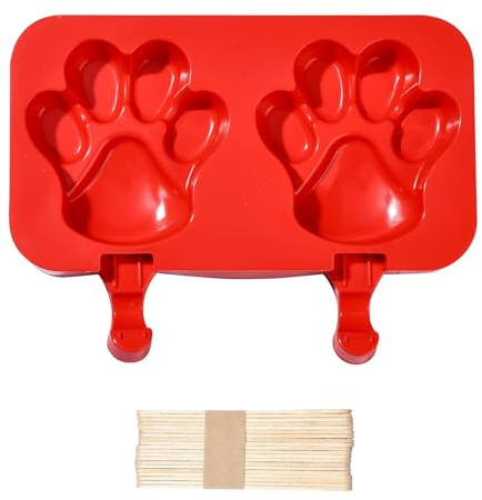 Stiesy - Lot de 2 moules en silicone rouges en forme d'empreintes de pattes pour sucettes, popsicles, chocolat, glace - Moules en silicone de qualité alimentaire avec bâtonnets en bois pour