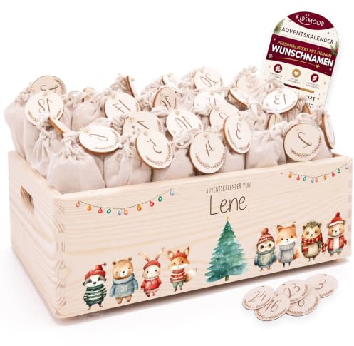 Personalisierter Adventskalender 2026 zum Befüllen mit Holzzahlen | Tolle Weihnachtsdeko aus Holz, Weihnachtskalender mit Tüten für Geschenke Mädchen & Jungen (40 x 30 x 14 cm)