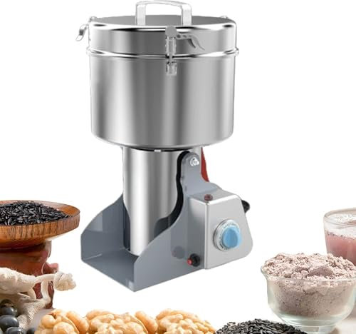 MhWrughts Macina Erbe, macina Semi di Lino, macina Cereali in Acciaio Inossidabile ad Alta velocità, polverizzazione 60-350 Maglie con Coperchio Aperto e Arresto,2500g