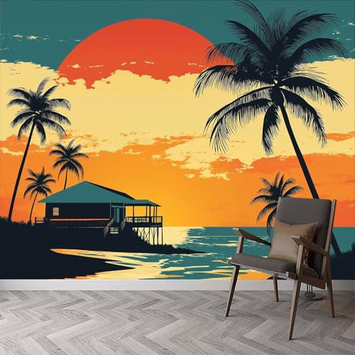 Fototapete Kinderzimmer B200 x H140 cm, Vintage Plakatstil sonnenuntergang Fototapete Wandbild Babyzimmer - Palme Sonnenuntergang Wanddekoration Tapeten für Kindertapete - Wandtapete Tapete 3D Effekt