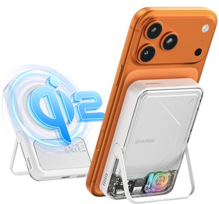SHARGE ICEMAG 2 MagSafe Power Bank, 15W Qi2 Magnetic Charger with Active Cooling, 5000mAh*2 StandBy MagSafe Battery Pack Transparent for iPhone 17/16/15/14 Series, Galaxy Pixel