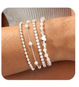 JeweBella 4 Stück Armband Damen Gold/Silber Zarte Herz Perlenarmband mit Naturstein Kugel Schlange Armkette Verstellbare Wasserfest Armbänder Set Schmuck damen