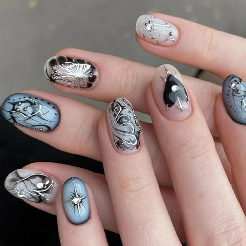 24 Pcs Full Covers Stick On Nails 3D Rhinestones False Nails Butterfly Press On Nails Silver Black Lines Artificial Nails