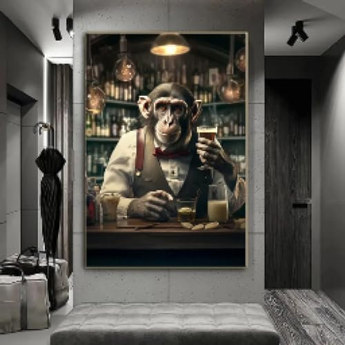 BMGKYAGL Póster abstracto de mono gorila fumando con copa de vino, decoración del hogar, 40 x 60 cm, marco