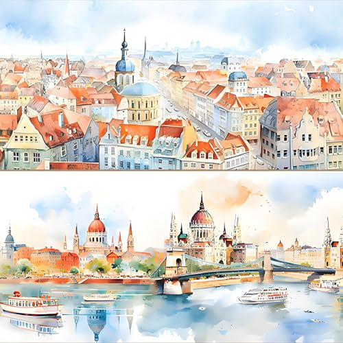 CGLRybO PET Tape Vintage Stadt Gebäude Washi Sticker Stadt Landschaft Washi Tape 2 Rollen Nordic Town Dekoratives Klebeband Wasserfeste Aufkleber DIY für Bastelarbeiten, Scrapbook Zubehör