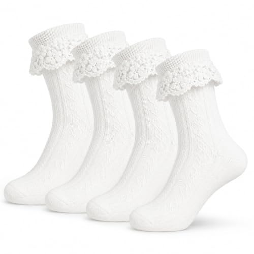 MOAZIFI 2 Paar Dirndl Socken Damen Weiß (36-42), Herz-Lace-Muster, Atmungsaktive Oktoberfest Socken Damen, Perfekt Oktoberfest Accessoires, für Volksfest Und Wiesn