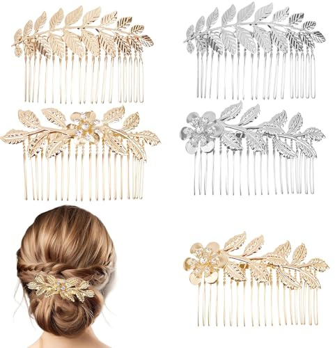 MOTIBACK 5 Stück Metall Haarkamm Blatt - Blumen - Design mit Strass, Stabile Fixierung für Dickes & Dünnes Haar, Ideal für Hochzeit, Party & Alltagsfrisuren – Damen Haaraccessoires