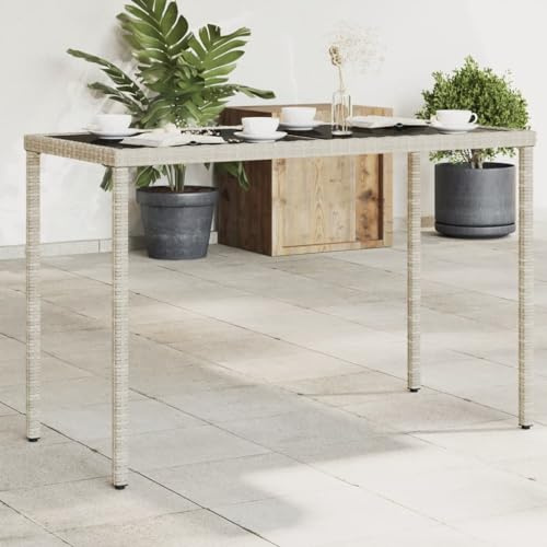 HaoChrymec Gartentisch mit Glasplatte, Hellgrau, PE-Rattan, Pulverbeschichteter Stahlrahmen, Loungetisch Outdoor, Beistelltisch Garten, Wetterfest, 115 x 54 x 74 cm