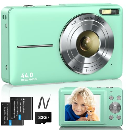 Lecran Appareil Photo numérique 1080P Appareil Photo 44MP Zoom numérique 16X avec Carte 32 Go 2 Batterie Appareil Photo numérique pour Enfants, étudiants, Adolescents, débutants(Green)