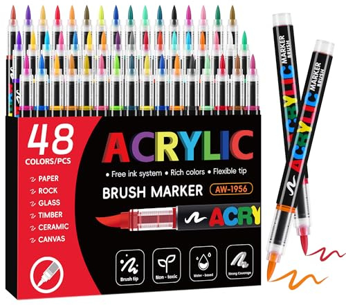 Tongfushop 48 Farben Acrylstifte Set, Acrylmarker mit Pinselspitze, Auto-Tintenkontrolle – Deckend, Ungiftig für Stein, Keramik, Holz, Leinwand – Hobby-Zubehör für Erwachsene, Anfänger & Schüler