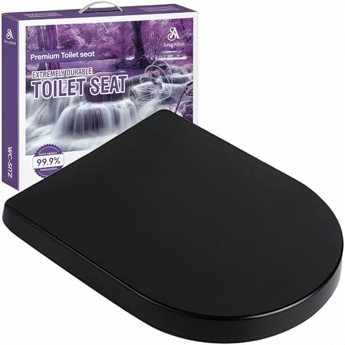 Solng Aldoih Black Toilet Seat, D Shaped Soft Close, Heavy Duty Premium Thermoplastic, Quick Release, Easy Clean and Great Fit, Durable