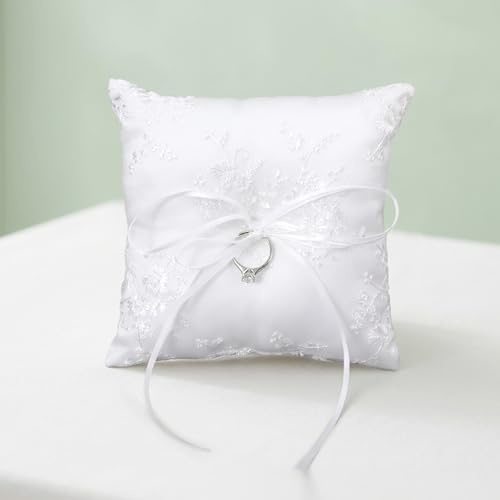 Nogeqi Ringkudde bröllop, ringkudde med rosett satinband, ringkudde bröllop borgerligt för förlovning eller vigselring, bröllopsceremoni, ansökan (15 cm x 15 cm)