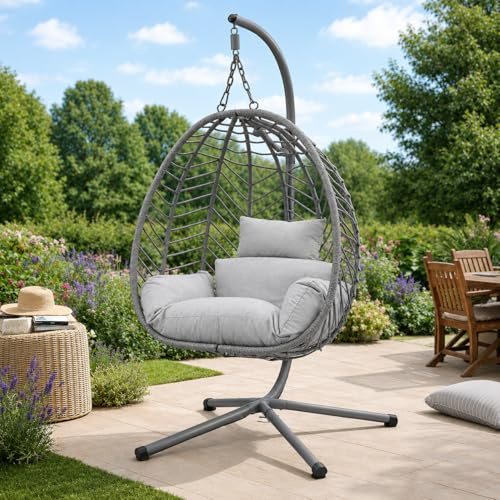 Eco Living FWC Balinese Hanging Egg Chair with Stand - Grey Rattan Effect Garden Swing Chair with Cushions, Freestanding Indoor & Outdoor Patio Chair, Cocoon Relaxation Seat