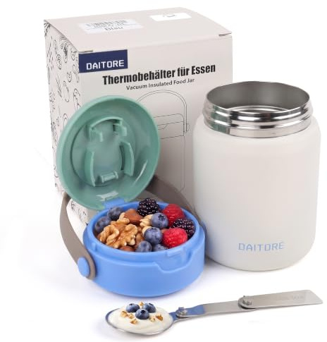 Daitore Thermobehälter für Essen 480ml, Edelstahl Warmhaltebehälter mit Löffel, Warmhaltebehälter Thermoschüssel mit Deckel, Thermo Lunchbox für Mittagessen, Suppen, Weiß