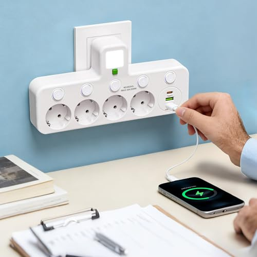 Grenuttag med USB-nattlampa — Multifunktionellt grenuttag med individuellt omkopplingsbara uttag — 4 uttag + 1 typ C + 2 USB för hem, kontor och husbil