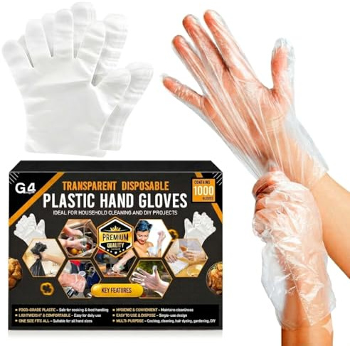 G4GADGET 1000Pcs Disposable Plastic Gloves Food Safe Clear Polyethylene Gloves for Kitchen Cooking Cleaning Food Handling Catering Medical Use Powder & Latex Free One Size Fits Most