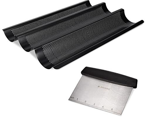 Navaris Baguette Backform mit Edelstahl Teigschaber - Form für Brot Ofenform Backblech Set - 1x Brotbackform aus Stahl mit 1x Teig Spachtel