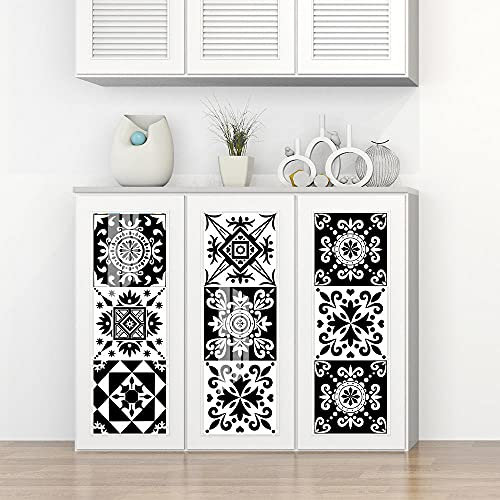 Stick on Tiles Modern Black White Tile Stickers PVC Self Adhesive Wall Tiles Heat Resistant Tile Stickers for Kitchen Bathroom Waterproof Peel and Stick Floor Tiles Tile Paint 20x20cm