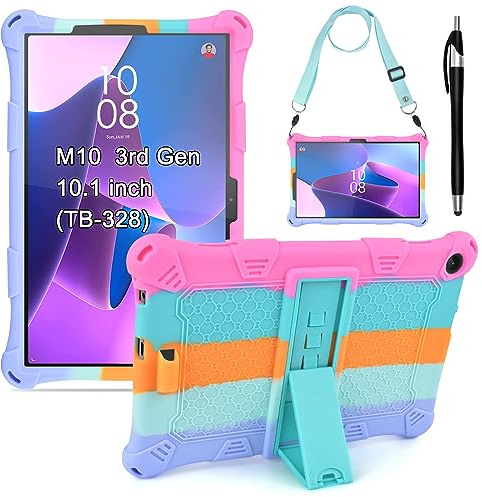 KATUMO Kinder Silikon Hülle für Lenovo Tab M10 (3rd Gen) 10.1 Zoll 2022 （TB-328FU/328XU） Schutzhülle mit Schultergurt und Stylus Pen Kinderfreundliche Bunt Cover Case für Lenovo Tab M10 3. Generation