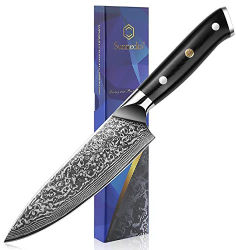 Sunnecko Chef Knife 6.5 inch, Sharp Kitchen Knives with 73-Layer VG10 Damascus Steel Blade, Chefs Knives with G10 Handle Professional Damascus Knife with Color Box for Cooking Knife