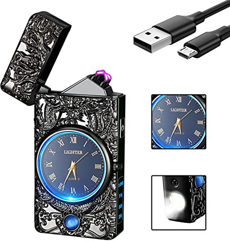 SKRFIRE Dragon Lighter, Plasma Electric Arc Windproof Metal Lighter With Luminous Real Watch Dial LED Lighting (Black)