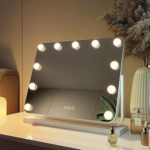 EMKE Hollywood Spiegel mit Beleuchtung, 3 Lichtfarben dimmbar, 360 Grad Spiegel, Schminkspiegel mit Beleuchtung mit Touch, Tischspiegel mit 11 LED Lampen 50x42cm (Weiß)