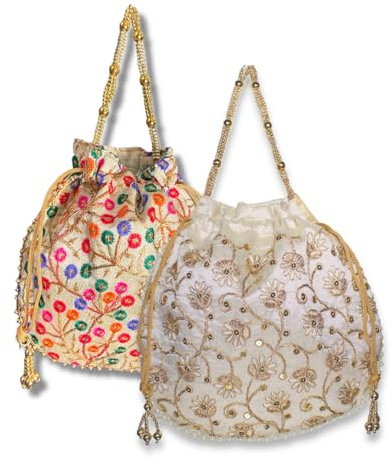 Embroidered Indian Ethnic Potli Bag for Women. Traditional, Handmade, Perfect for Weddings and Other Special Occasions (Multicolor 2-Pack)